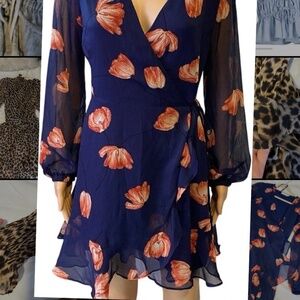 All In Favor Minidress S Brittany Wrap Blue Peach Floral Chiffon